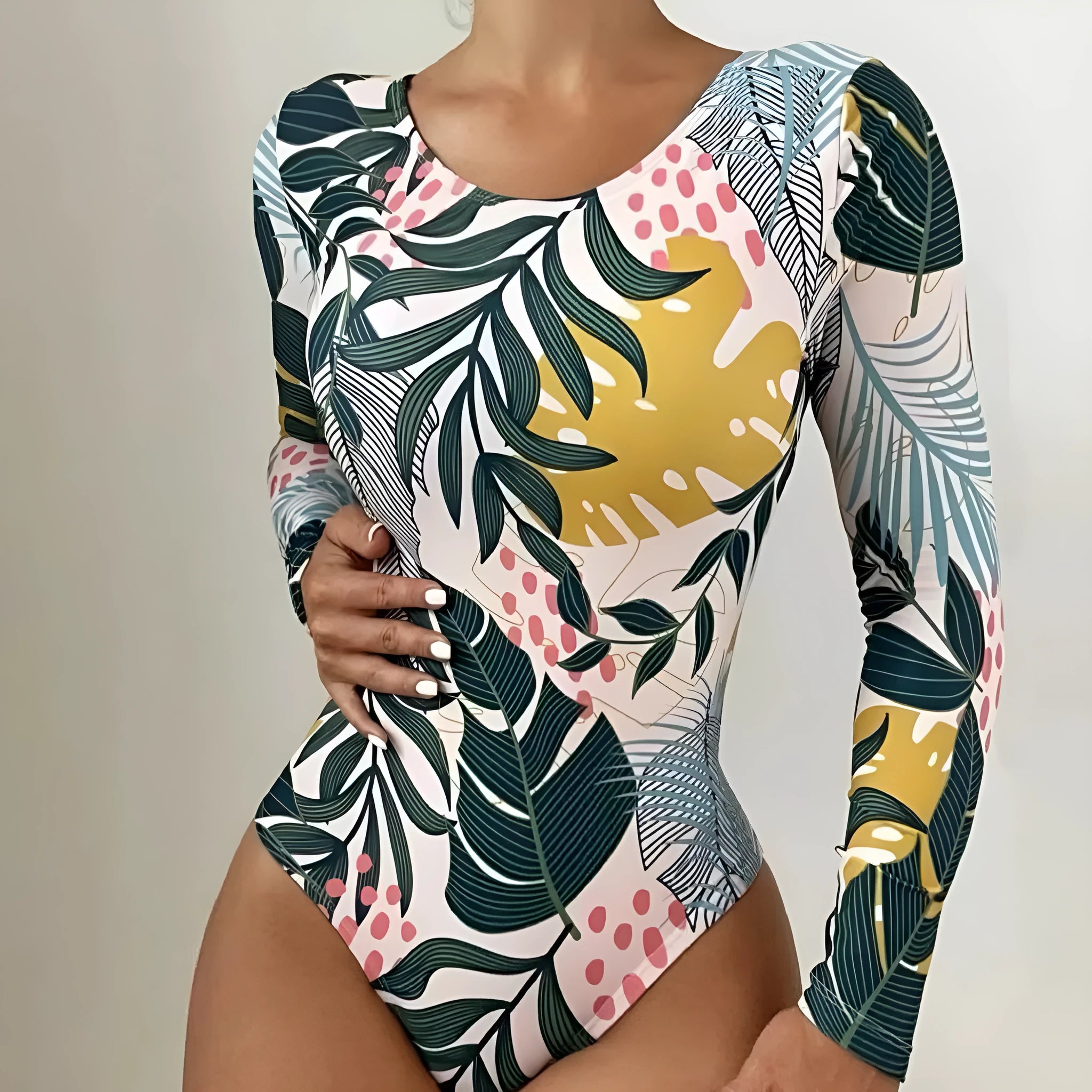 Women's backless one-piece swimsuit with floral pattern in blue, cyan, red, white, or yellow colours