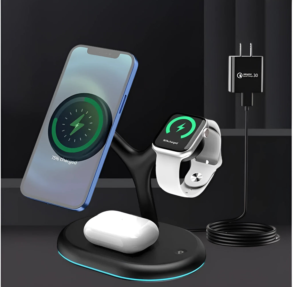 Black magnetic wireless charging station with vertical phone stand and USB-C cable