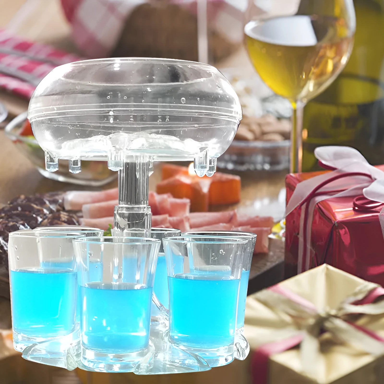 Six-shot glass dispenser holder with six glasses in transparent PMMA material