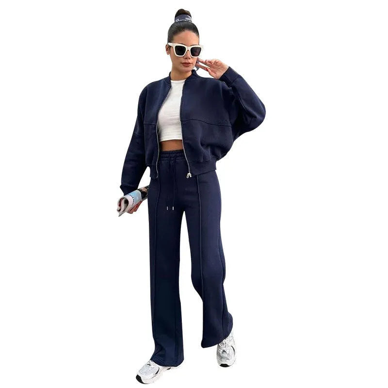 Women's fleece zipper cardigan and straight pants suit in black, casual long sleeve two-piece set