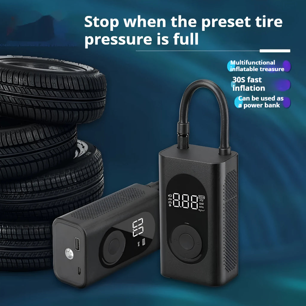 Portable wireless tyre pump with power bank and flashlight for car motorcycle bicycle inflation