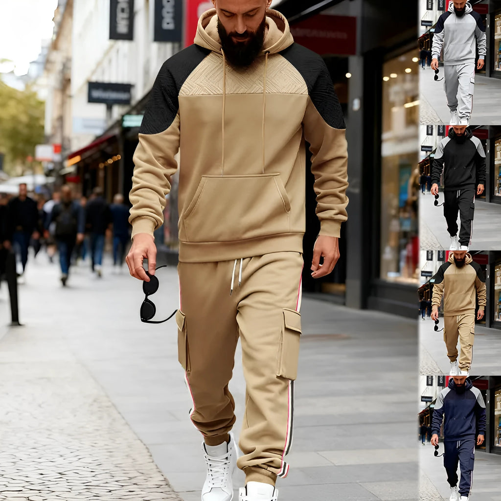 Loose colour-block textured hoodie and sweatpants casual set in black with hood and long sleeves