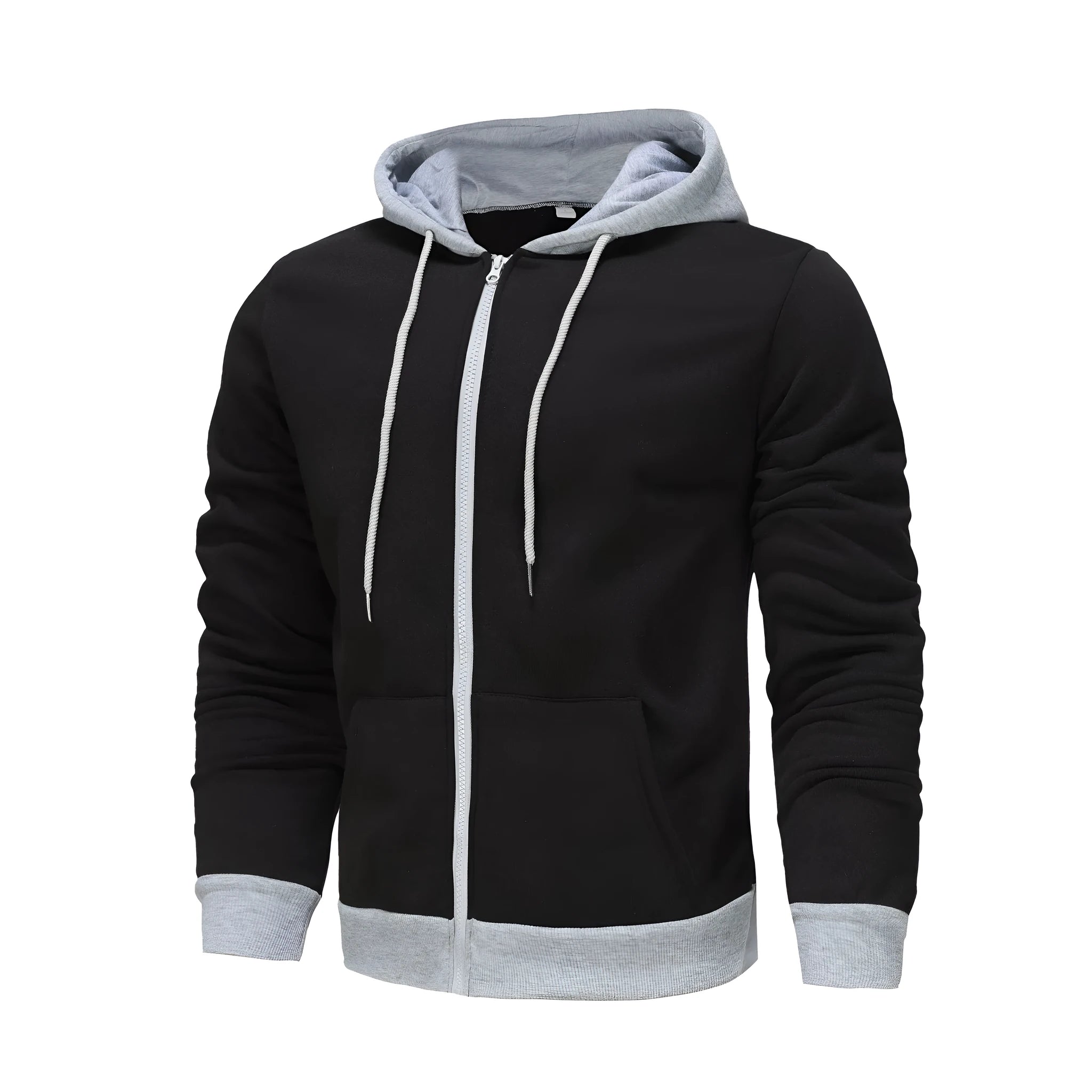 Man wearing a black zip-up hooded cardigan with a contrasting grey hood and wool lining.