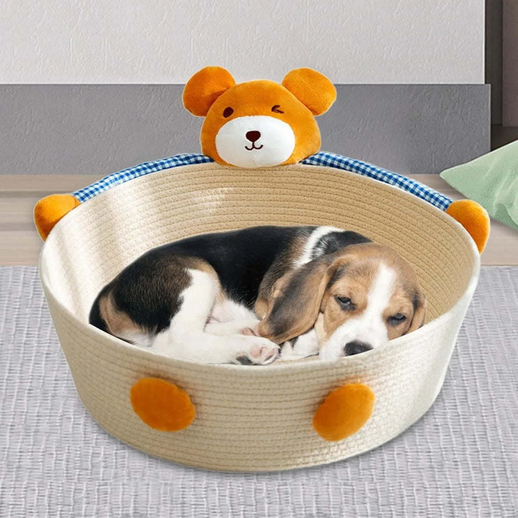 Woven cotton rope cat bed basket with integrated scratching pad in rabbit design