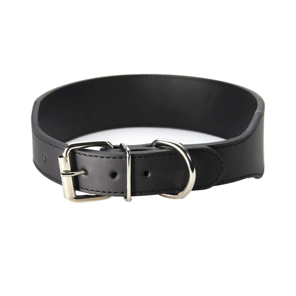 Large fish-shaped leather dog collar in red, blue, black, pink, or brown on a size chart.