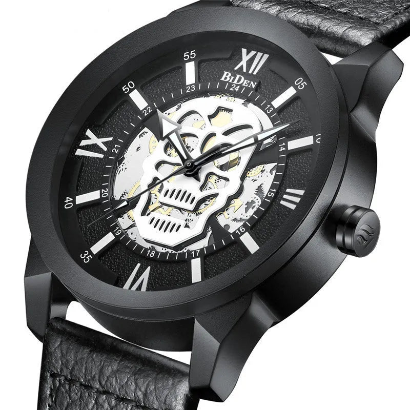 Biden men's hollow quartz watch with calendar display and black strap