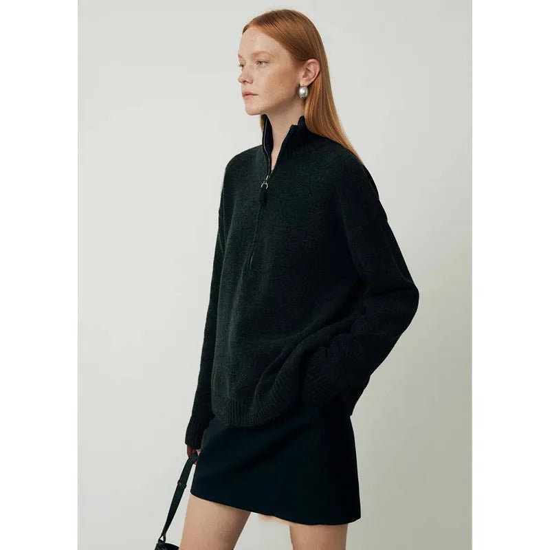 Black loose lapel wool bandage dress with long sleeves for autumn winter wear.