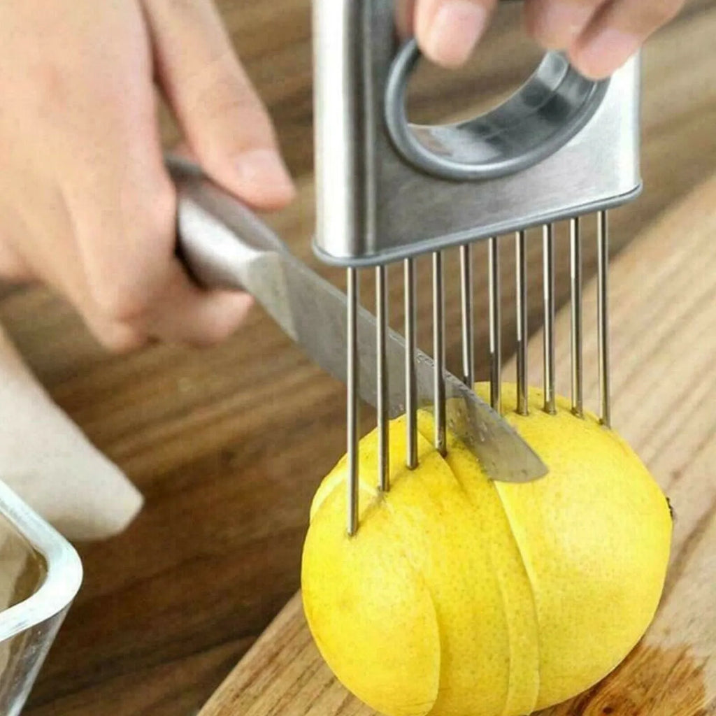 Stainless steel onion holder kitchen tool with prongs for slicing vegetables hands-free