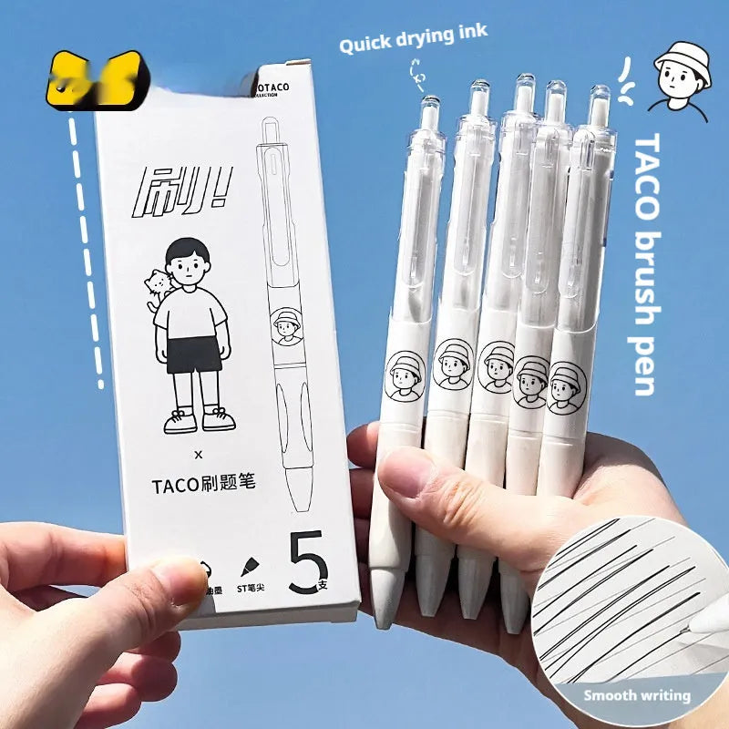 Five white plastic ballpoint pens with 0.5mm black ink tips arranged together