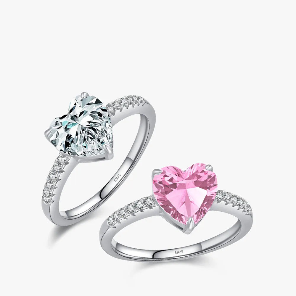 Women's sterling silver love ring with heart-shaped zircon mosaic, pink colour, US size 7