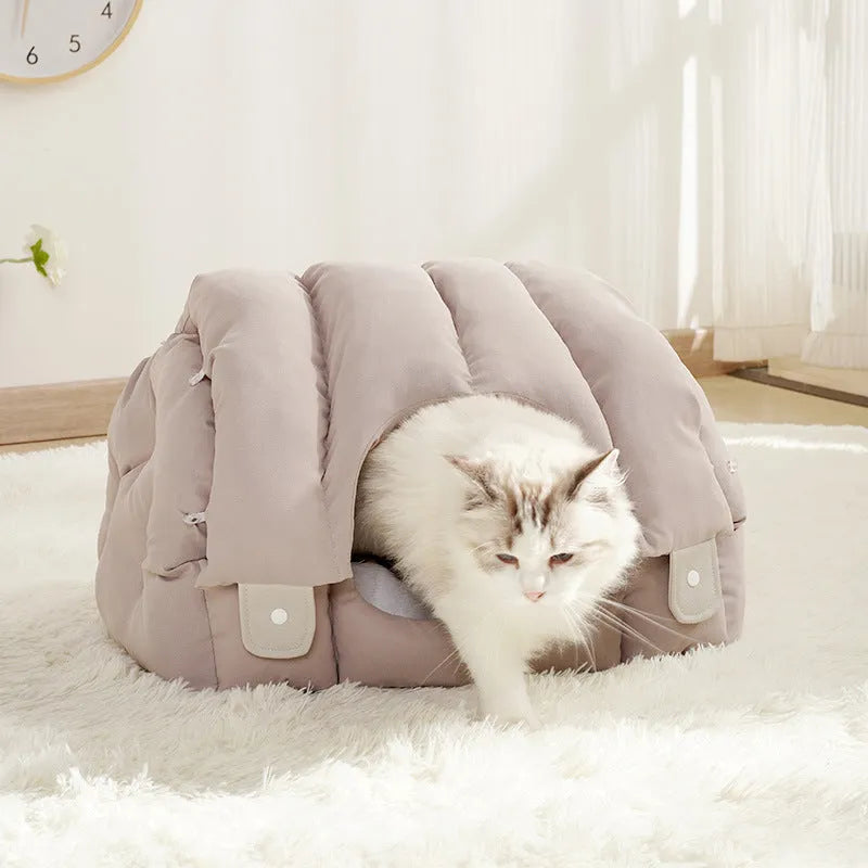 Grey arched cat nest with fully enclosed design for cats and dogs