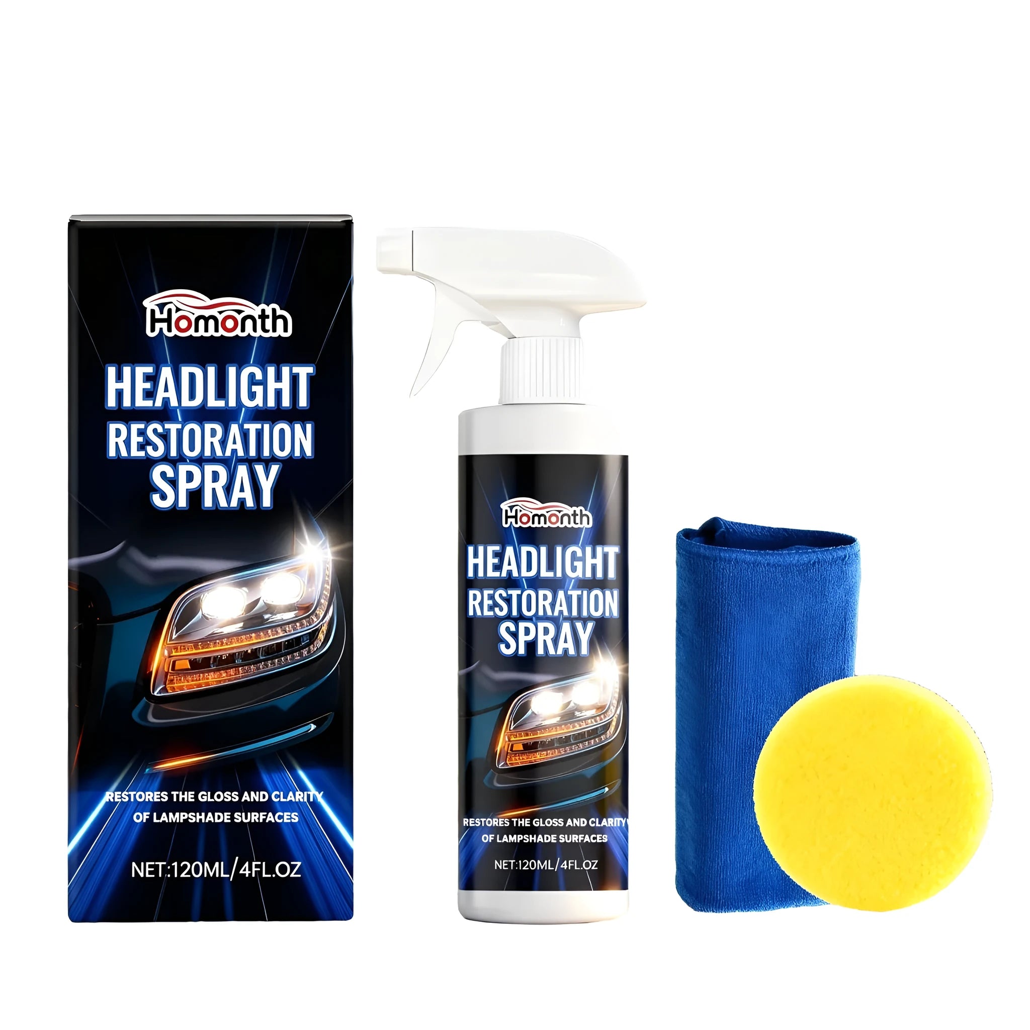 HOMONTH headlight restoration spray 120ml kit with PTFE formula, sponge and towel