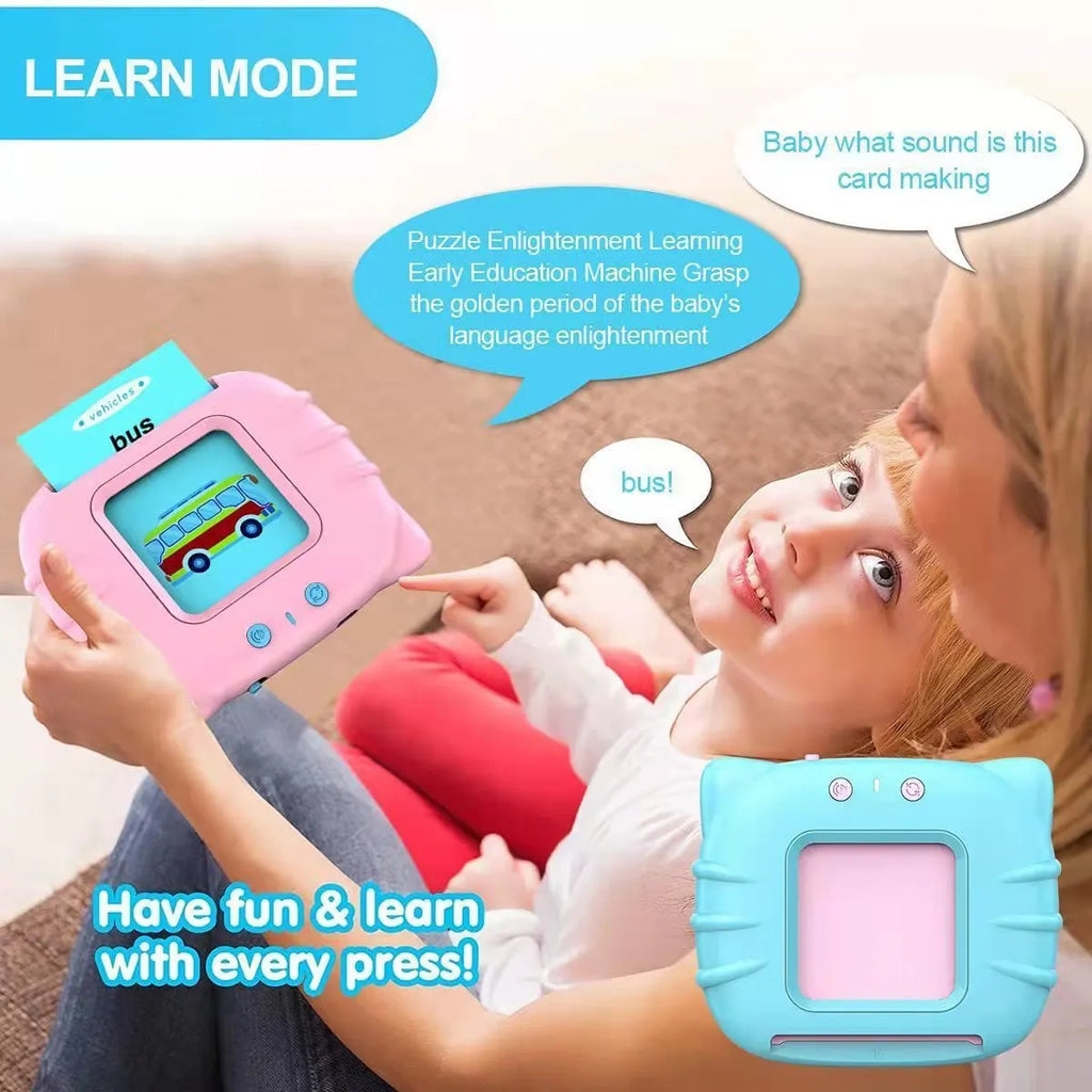 Blue children's English learning machine with audio cards showing dimensions 18cm long × 9.7cm wide