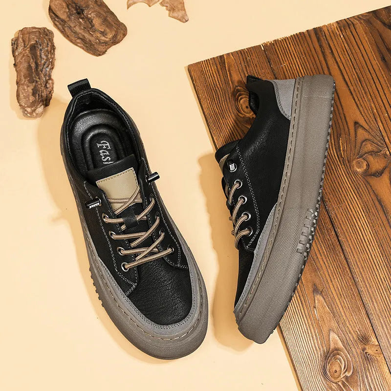 Men's black round toe leather casual shoes with microfiber uppers and rubber soles shown from side view
