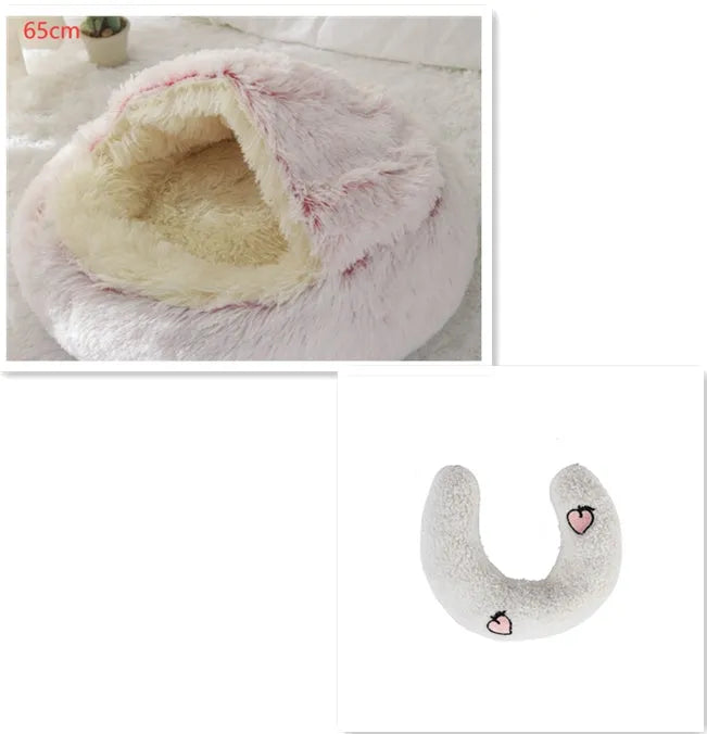 2 in 1 round plush pet bed with PP cotton filling for dogs and cats, available in brown, 65cm size