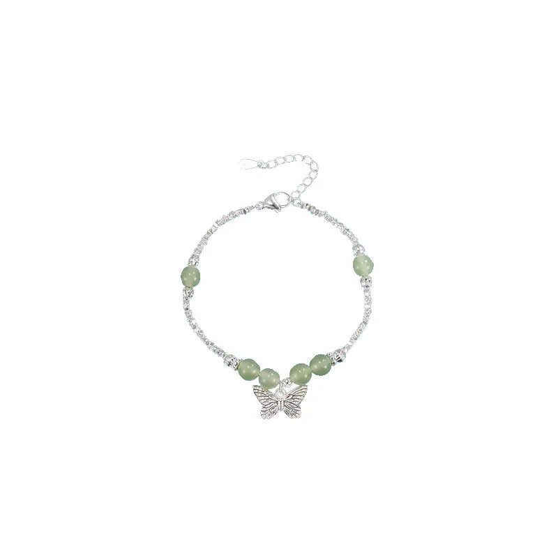 Hetian jade bracelet and necklace set for women with silver butterfly charms on electroplated copper chains