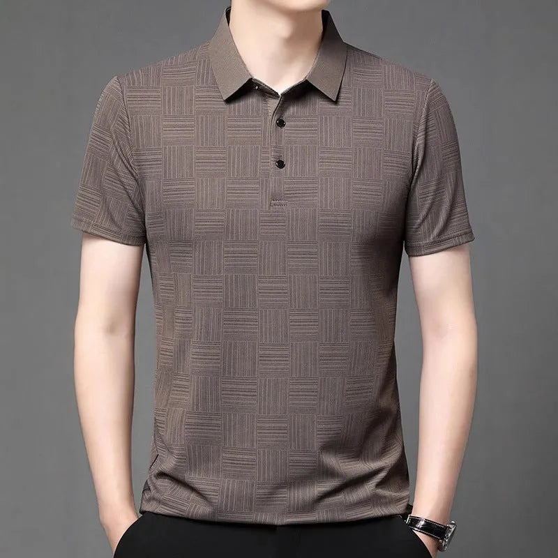 Men's slim fit lapel t-shirt in chemical fibre blend fabric showing lapel neckline detail