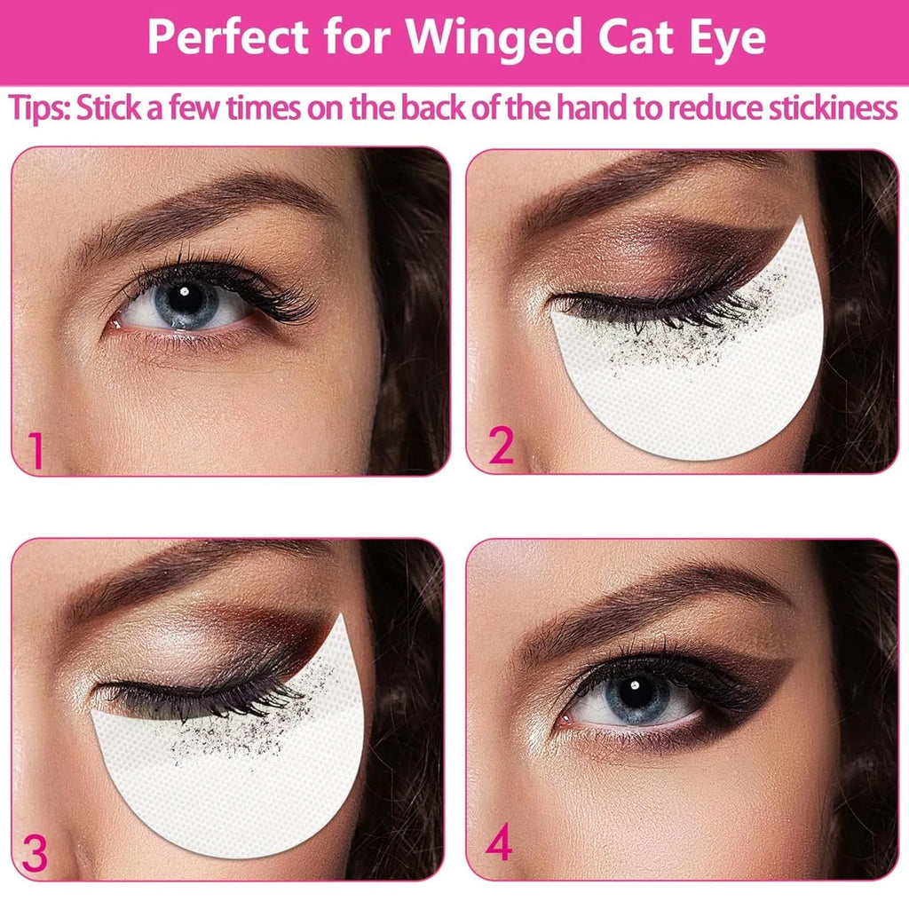 Pack of half-moon shaped disposable eyeshadow shields on a pink background
