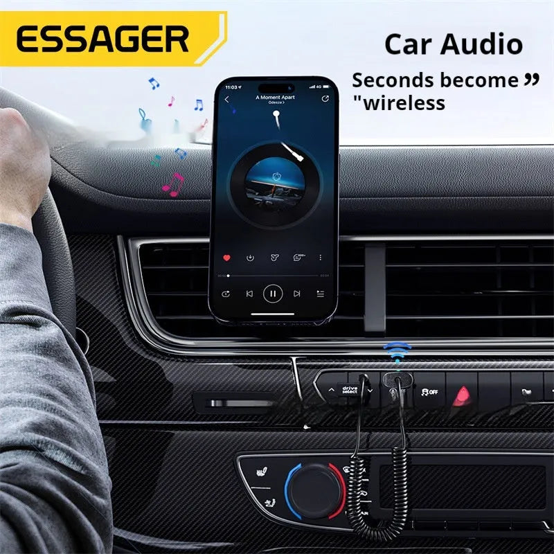 Black Bluetooth 5.0 audio receiver with gold-plated 3.5mm plug and TPE spring wire, 15g, for car aux input