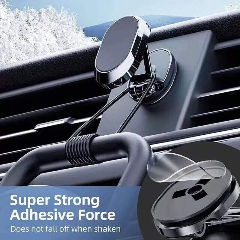 Stainless steel magnetic car phone holder with foldable bracket and 360-degree rotation