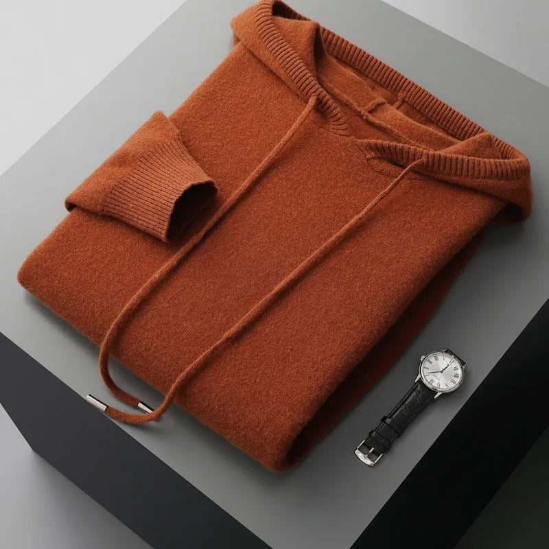 Men's thick knitted hooded sweater in solid colour, loose fit, plus size, winter pullover top