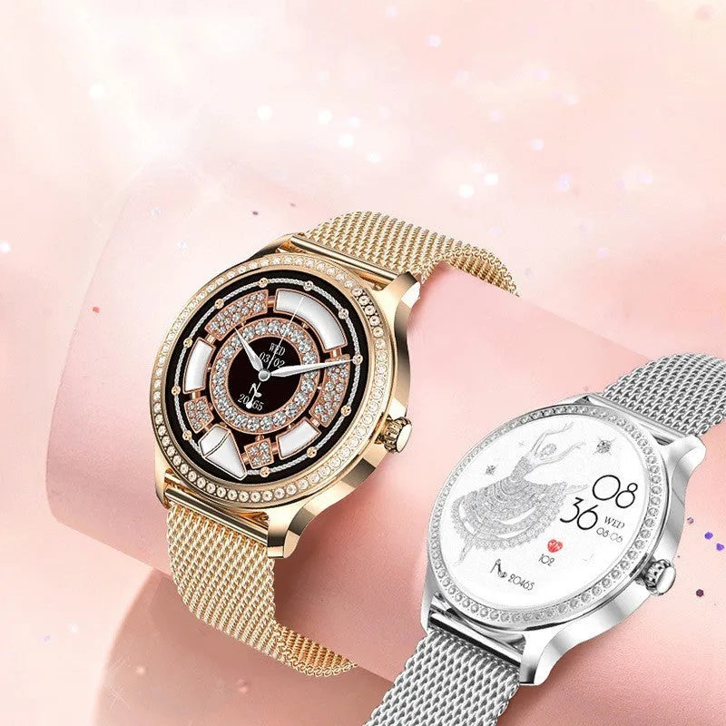 Women's smart watch with Bluetooth calling showing gold Milanese steel strap and TFT colour screen display