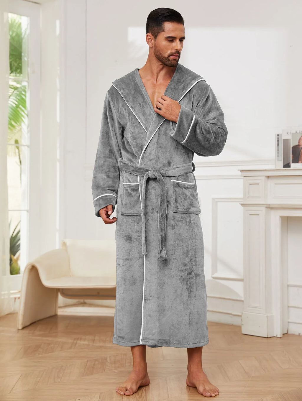 Light grey flannel bathrobe pajamas for men and women on a hanger