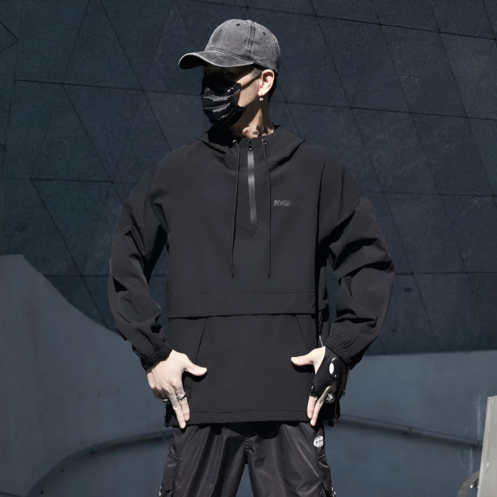 Men's loose thin black hooded solid colour jacket with zip front, front view