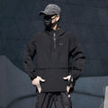 Men's loose thin black hooded solid colour jacket with zip front, front view