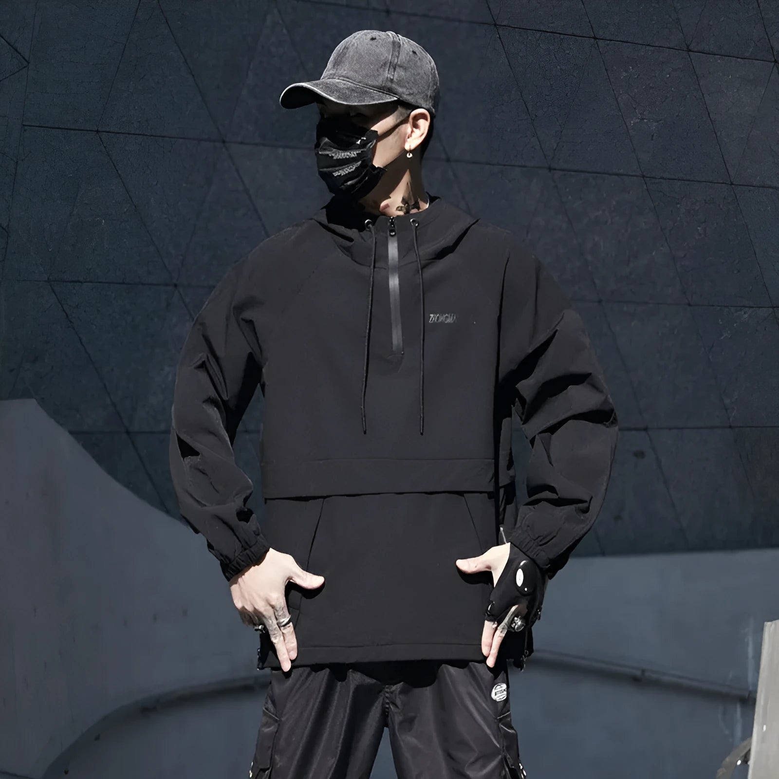 Men's loose thin black hooded solid colour jacket with zip front, front view