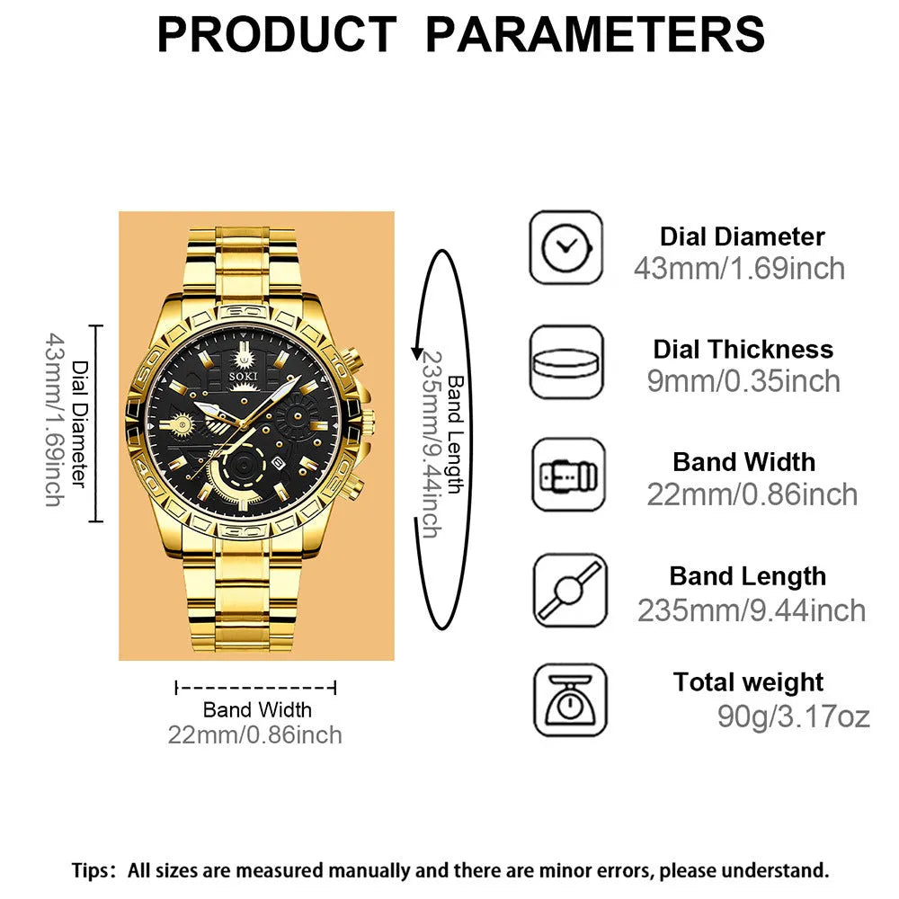 Men's gold-colour stainless steel business quartz wristwatch on a bracelet.