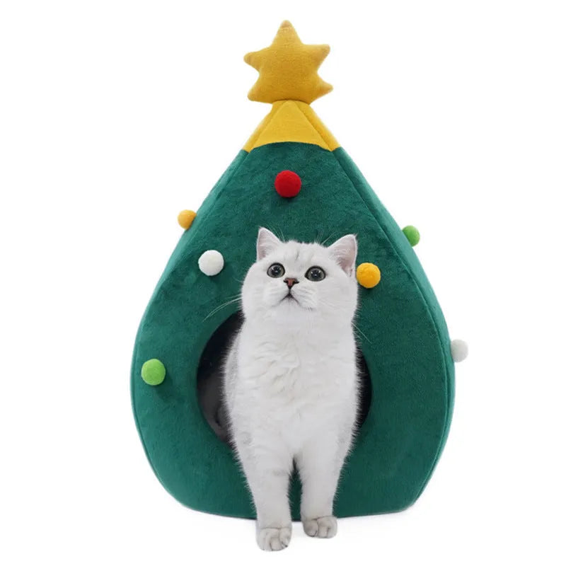 Christmas tree-shaped plush cave pet bed for cats and small dogs in three sizes.