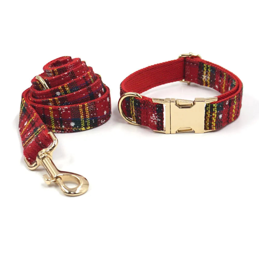 Red Christmas pet collar, traction rope, bow, and chest-back harness bag set with laser sculpture patterns