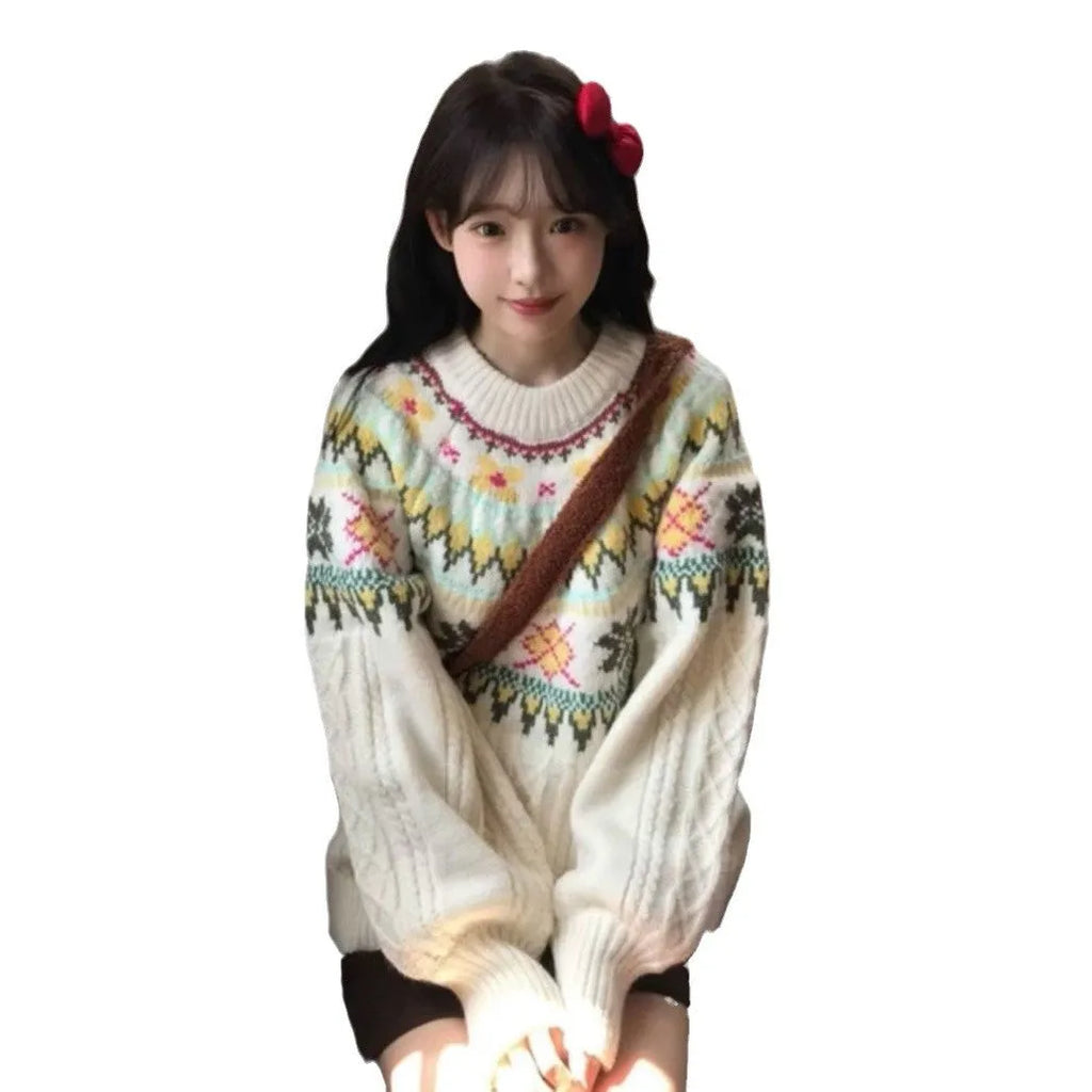 Women's milky white lantern sleeve loose mori knitwear pullover sweater