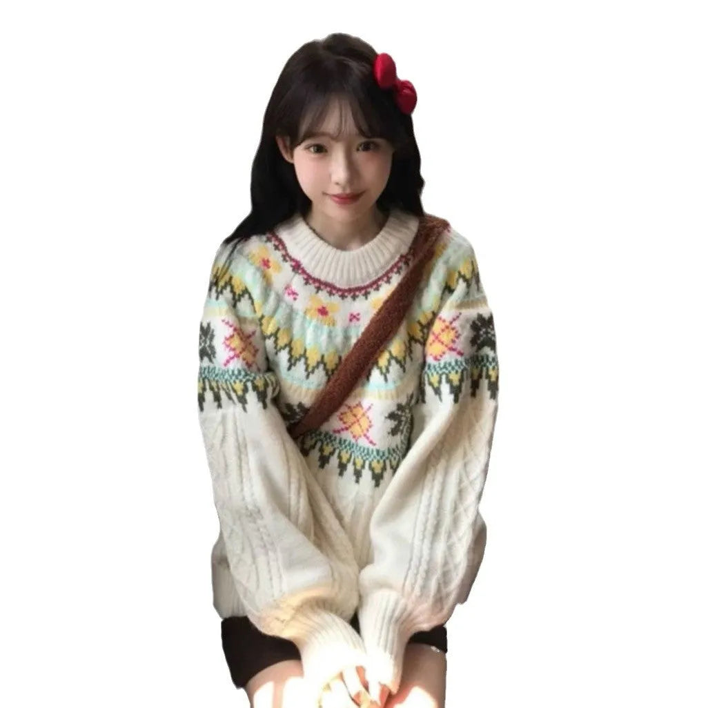 Women's milky white lantern sleeve loose mori knitwear pullover sweater