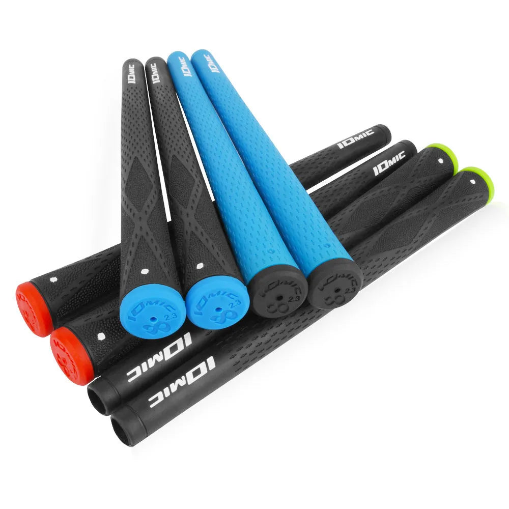 TPE non-slip golf club grip shown in various colour options including pink, blue, and black with coloured heads.