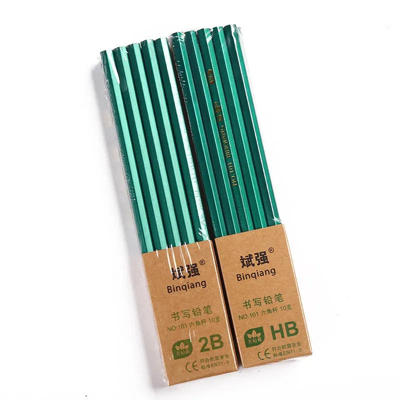 Green hexagonal wooden pencils in a box, HB and 2B grades for sketching and writing
