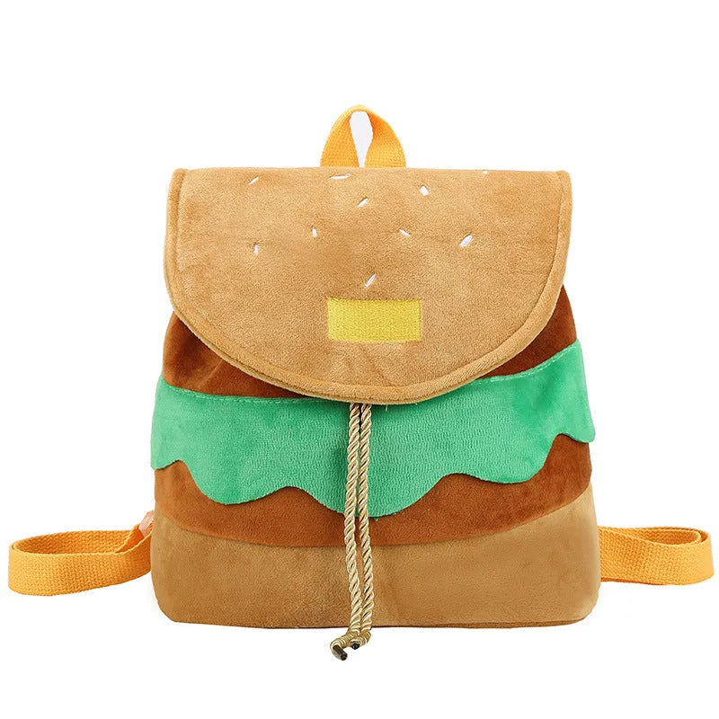 Cute hamburger plush backpack in soft velvet with drawstring closure, cartoon burger design