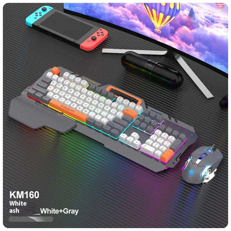 Blue wired gaming keyboard and mouse set with backlit keys on desk