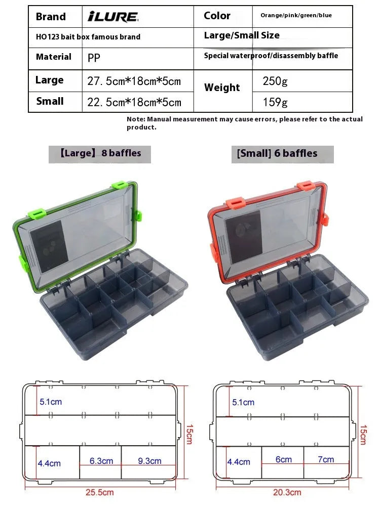 Waterproof fishing lure storage box in PP plastic showing colour options and size specifications