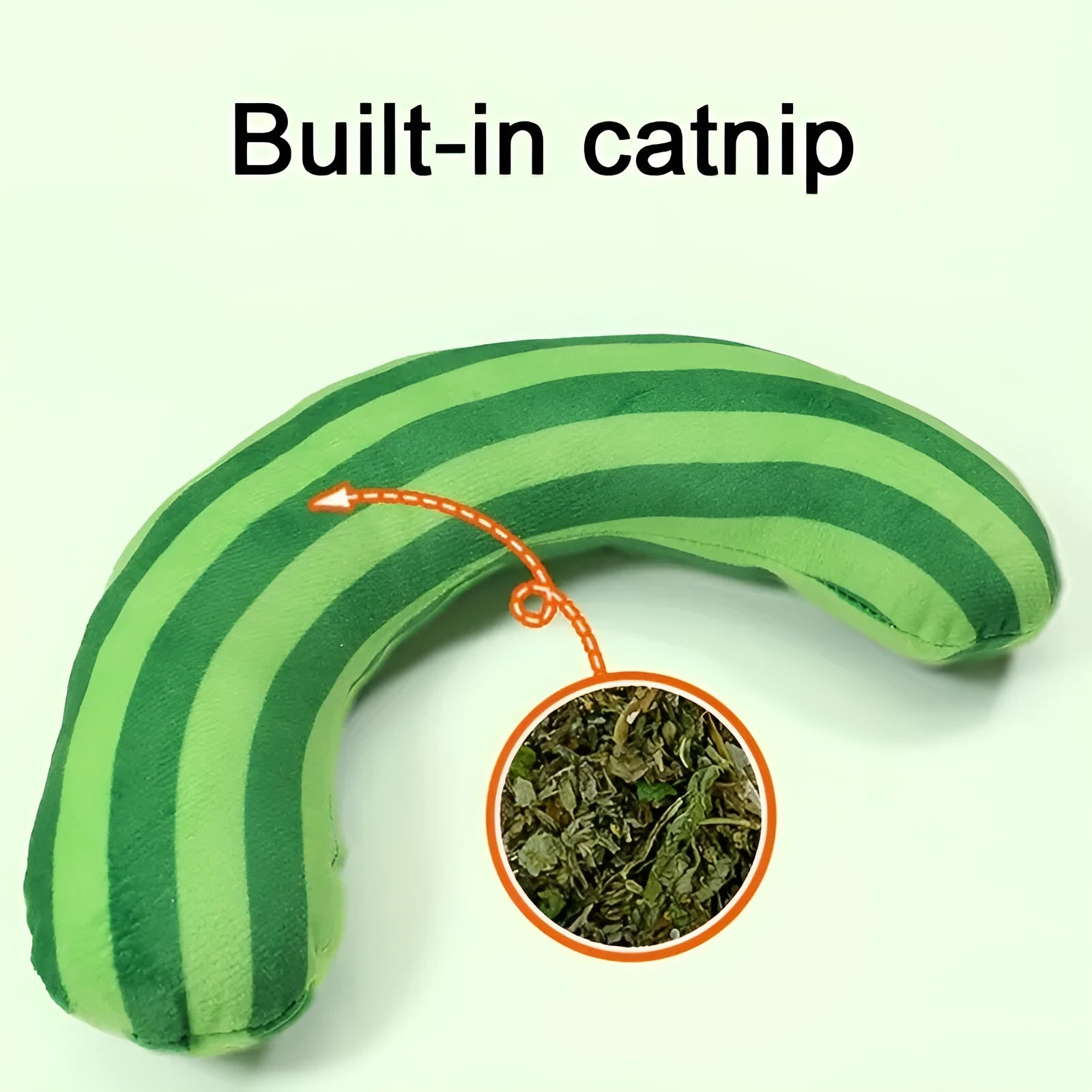 Striped pattern cat pillow toy with noise feature and catnip strip in green, rainbow and yellow colour options