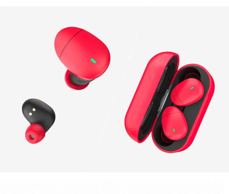 Flame red Qualcomm TWS 3040 wireless Bluetooth earbuds with charging case and USB cable.
