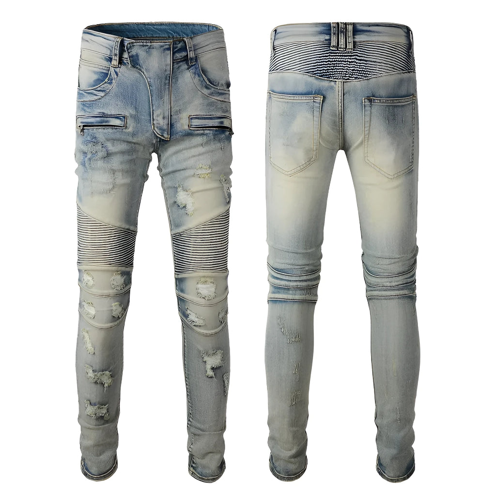 Light blue men's slim jeans with hand-frayed distressing and a distressed finish on the legs.