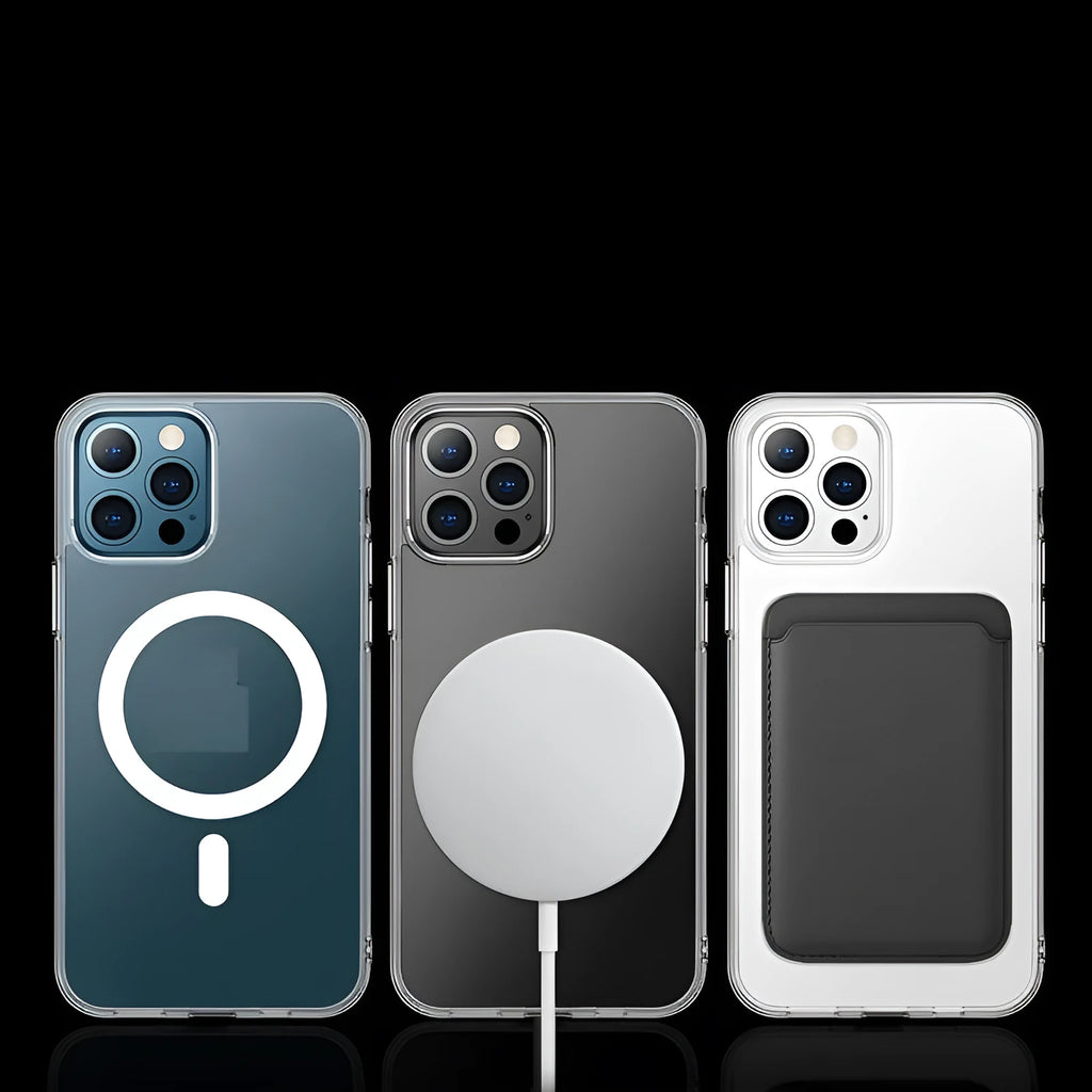 Transparent magnetic back cover case for iPhone on a table next to a MagSafe charger.