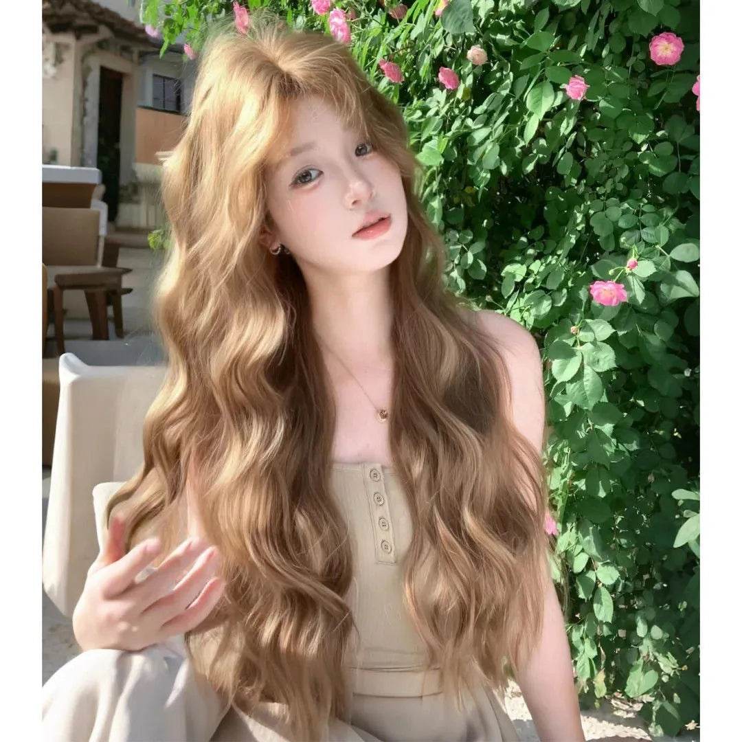 Linen brown curly medium wig with high temperature fibre hair and hair net