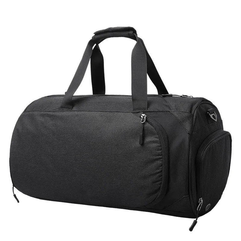 Oval-shaped travel bag in Oxford cloth with shoulder strap and internal organisational compartments