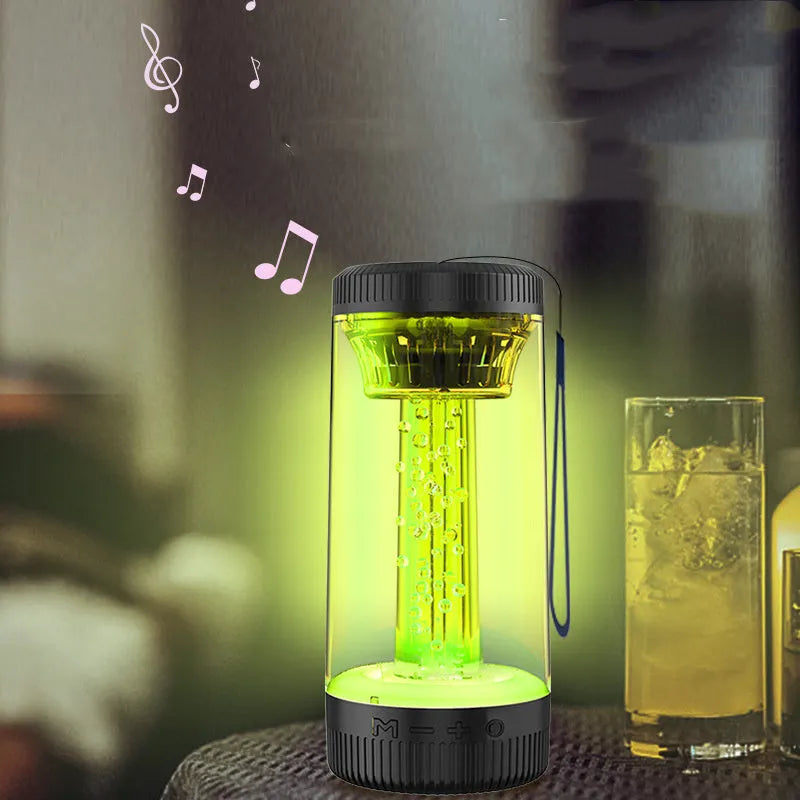 Black portable Bluetooth speaker with LED camping light, USB plug, 190mm tall