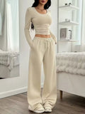 Women's knitted polyester vest pants suit in beige white with long sleeves and solid colour retro style