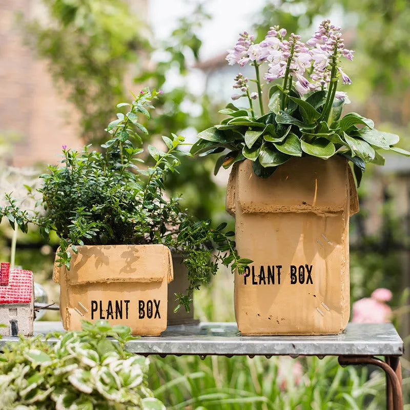 Cement flowerpot with bottom drainage holes in Nordic brown paper box design