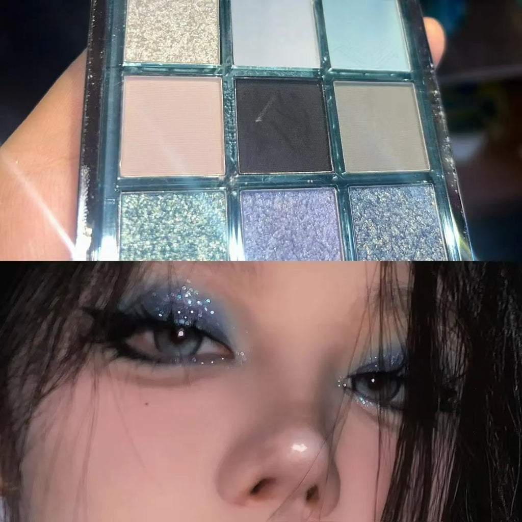 MUGLEEN nine-colour eyeshadow palette 08 showing blue smoked effect and earth tones